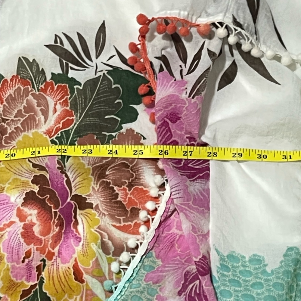 Z&L Floral Lace-Up Pom Pom Swim Caftan Coverup - White with Pink & Mint - Picture 12 of 14